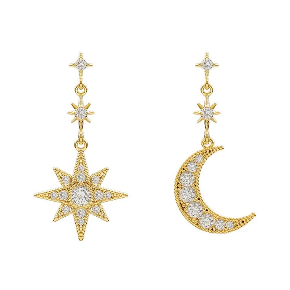 Sparkly Crescent Moon & Stars Celestial Ethereal Gold & CZ Diamonds Earrings - Picture 4 of 6